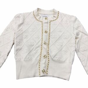 Chanel-Tagged Cream Quilted CC Knit Cardigan Chain Trim (Unverified)